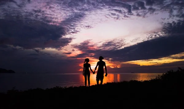 Couple Love Silhouette Sea Sunset — Stock Photo, Image