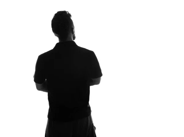 Rückseite Silhouette Einer Männlichen Person Rückseite Beleuchtet Über Weiß — Stockfoto
