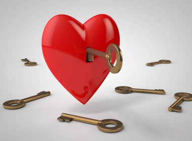 Hearts with golden keys. 3d render