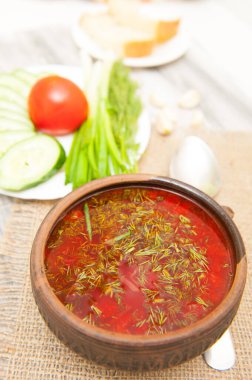 Yeşil soğan, ekmek ve sarımsaklı Ukrayna Borsch 'u