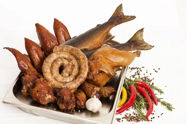 Smoked fish, poultry and sausages — Stock Image Smoked fish, poultry and sausages Royalty Free Stock Photos