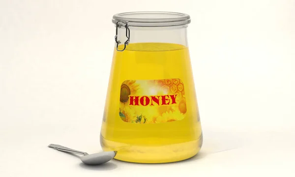 Frasco de mel com uma colher . — Fotografia de Stock