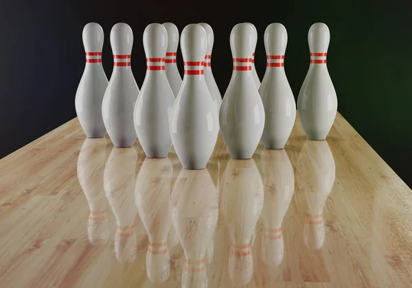 Bowlingové kuželky na bowlingové dráze. 3D vykreslení — Stock fotografie