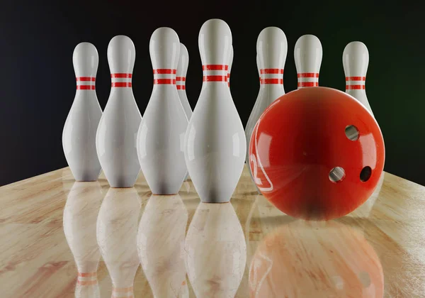 Bowling pins and bowling ball on the alley — Stock Photo, Image