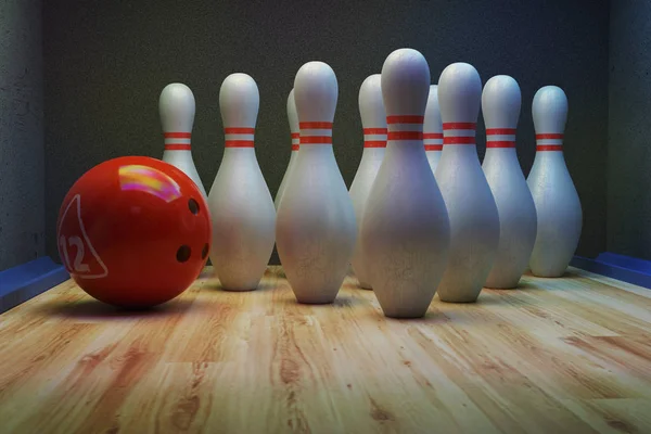 Bowling pins and bowling ball on the alley — 스톡 사진