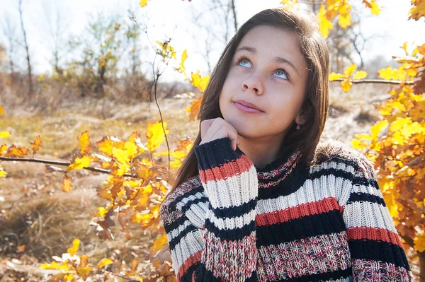 Adolescente menina caminha na floresta de outono — Fotografia de Stock