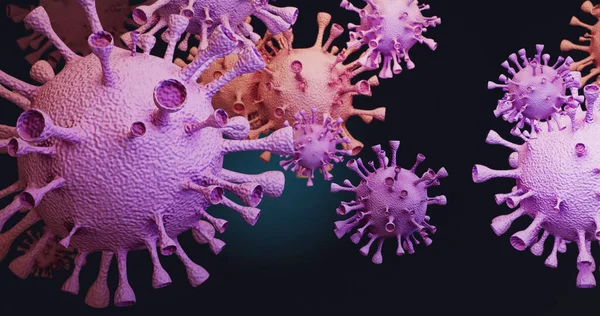 Coronavirusuri KOVID-19 pe un fundal negru. Redare 3D — Fotografie, imagine de stoc