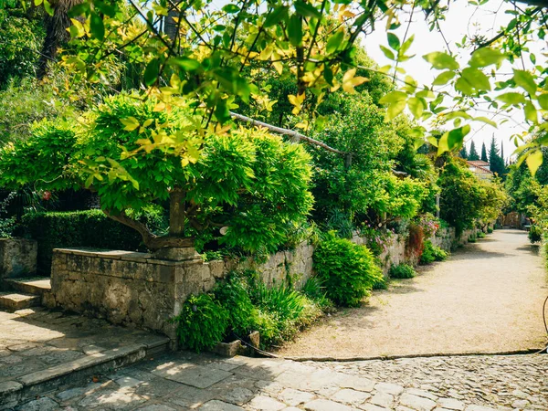 Πλούσια βλάστηση, πλακόστρωτο διάδρομο και περίπτερο δενδρολογικός κήπος σε Trsteno — Φωτογραφία Αρχείου