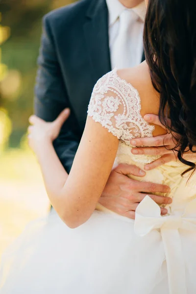 Der Bräutigam umarmt die Braut im Wald. Hochzeit in montenegr — Stockfoto