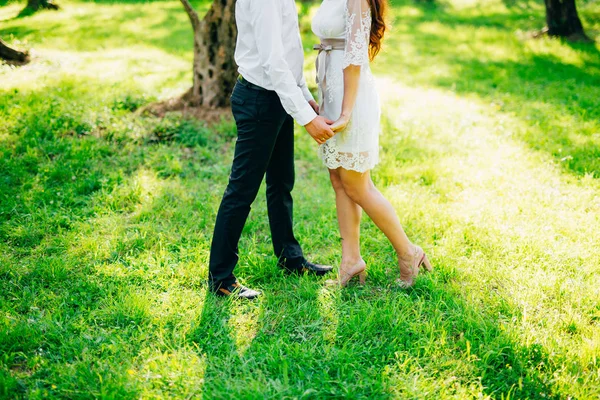 Gelin ve damat ormanın içinde. Ayakları üzerinde yeni evliler