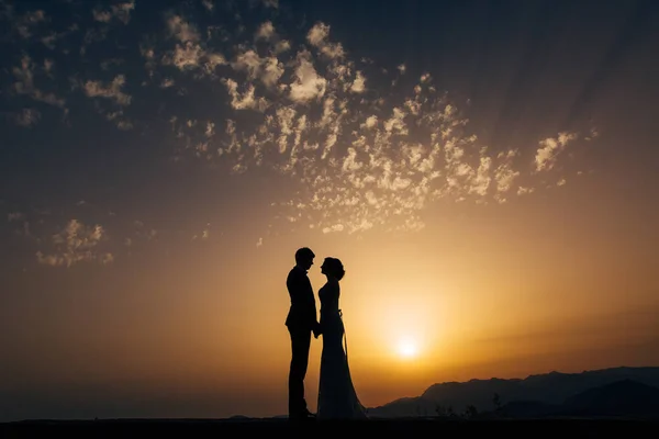 Silhouette degli sposi contro il cielo al tramonto. Matrimonio io — Foto Stock