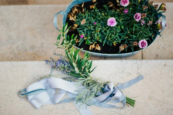 Wedding bouquet of lavender with ribbon — Stock Photo, Image