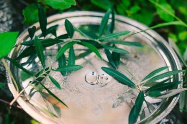 Zeytin dalı ile gümüş tepside alyans. Jewe düğün