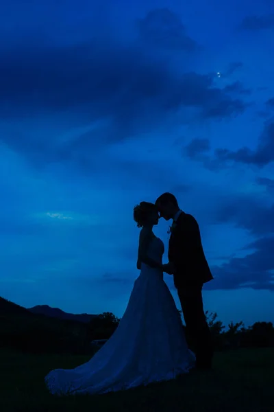 Σιλουέτα των νεόνυμφων εναντίον του ουρανού κατά το ηλιοβασίλεμα. Γάμο μου — Φωτογραφία Αρχείου