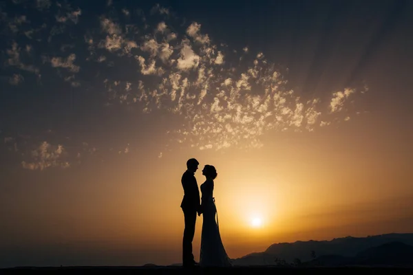 Silhouette degli sposi contro il cielo al tramonto. Matrimonio io — Foto Stock