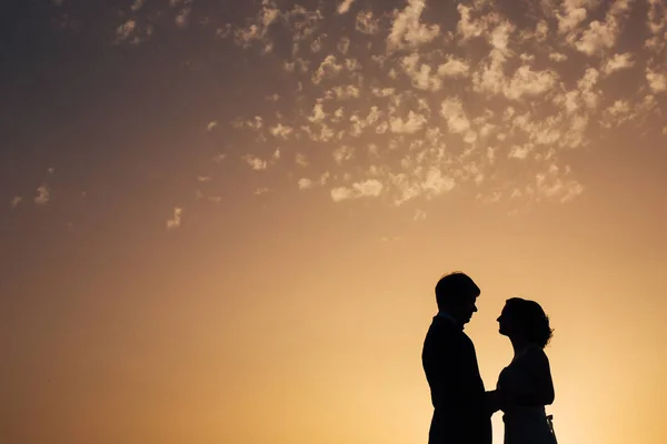 Silueta de los recién casados contra el cielo al atardecer. Boda i —  Fotos de Stock