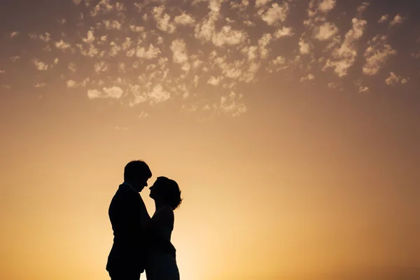 Silueta de los recién casados contra el cielo al atardecer. Boda i —  Fotos de Stock