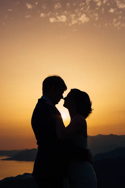 Σιλουέτα των νεόνυμφων εναντίον του ουρανού κατά το ηλιοβασίλεμα. Γάμο μου — Φωτογραφία Αρχείου