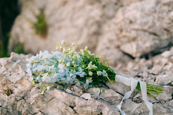 Ramo de novia de novia de Delphinium azul en las rocas. Boda — Foto de Stock