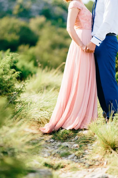 Couple holding hands in the mountains. Newlyweds in the mountain — Stock Photo, Image
