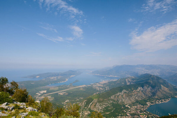 View of the mountain Lovcen Tivat. Tivat Airport. Lustica Penins