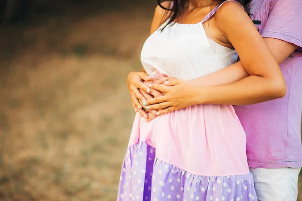 Těhotná žena hospodářství břicho rukama — Stock fotografie