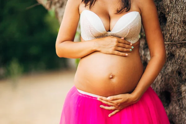 Mulher grávida segurando barriga com as mãos — Fotografia de Stock