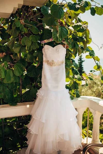 The brides dress on a hanger in the green