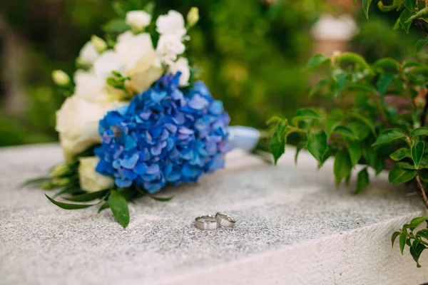 Anillos de boda en las piedras en la hierba — Foto de Stock