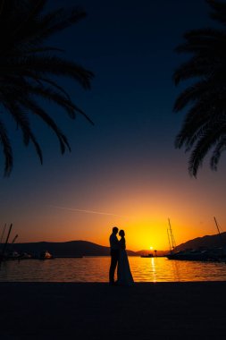 Batan güneşin arka planda bir yeni evli çift silüeti