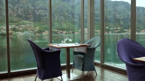 A table in restaurant near the sea, Kotor, Montenegro. — Stock Video