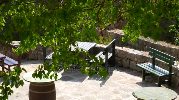 Wooden tables and chairs on summer area in the cafe — Stock Video