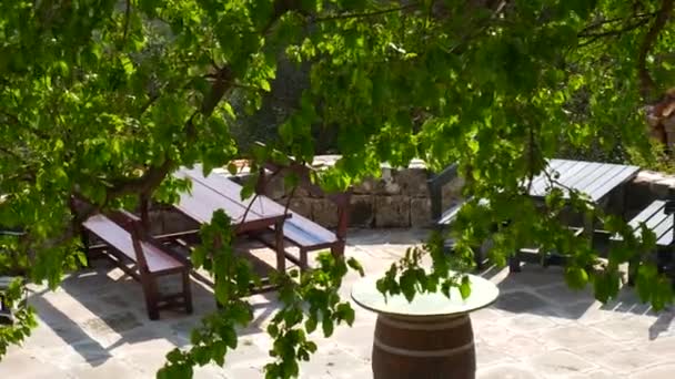 Mesas y sillas de madera en la zona de verano en la cafetería — Vídeos de Stock