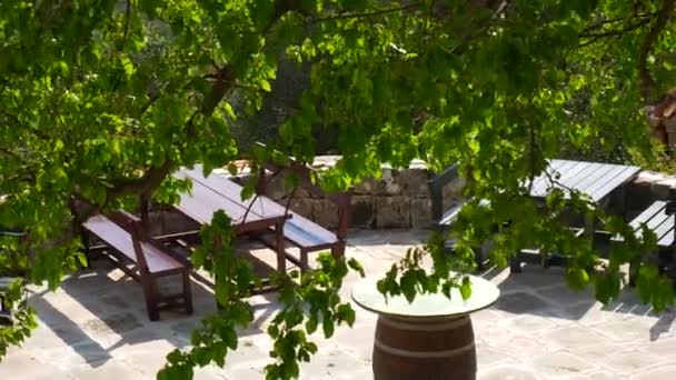 Tables et chaises en bois sur la zone d'été dans le café — Video