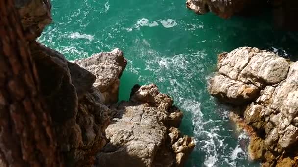 Rocas en el mar en Montenegro. Costa rocosa. Playa salvaje. Dangero — Vídeos de Stock