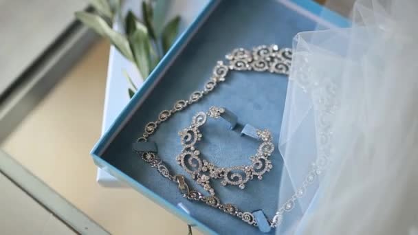 Bijoux pour mariée. Boucles d'oreilles, colliers, bagues, montres — Video