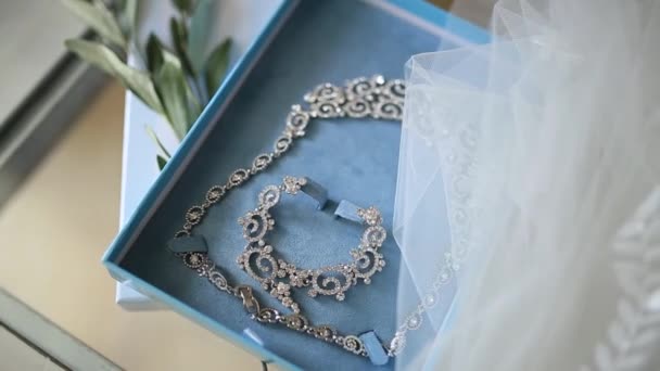 Bijoux pour mariée. Boucles d'oreilles, colliers, bagues, montres — Video