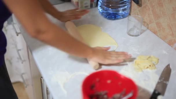 彼女は台所で餃子を sculpts します。調理食品. — ストック動画