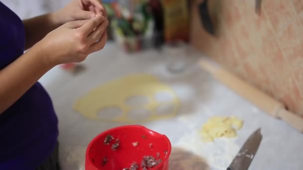 Ella esculpe albóndigas en la cocina. Cocinar alimentos . — Vídeos de Stock