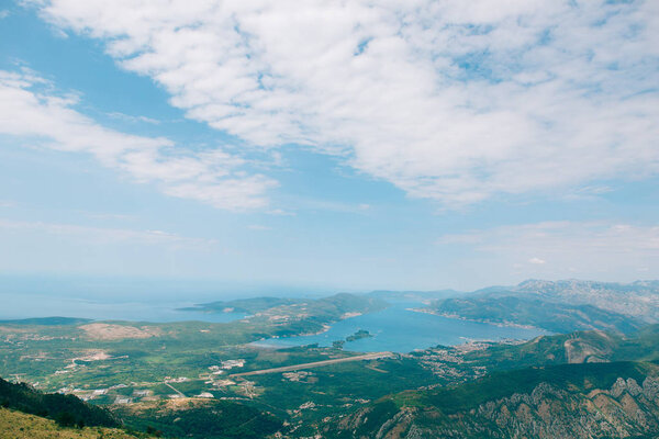 View of the mountain Lovcen Tivat. Tivat Airport. Lustica Penins