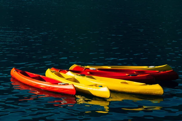 Kayaks moored in the water. Empty kayaks without people. In the