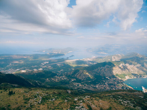 View of the mountain Lovcen Tivat. Tivat Airport. Lustica Penins