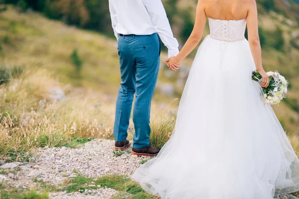 Coppia che si tiene per mano in montagna. Sposi novelli in montagna — Foto Stock