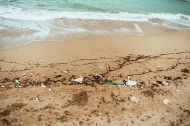 Deniz kıyısında çöpe. Çevre kirliliği. Çöp o