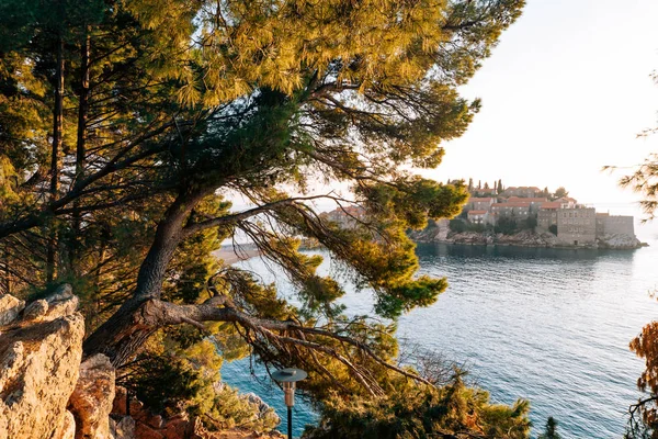 Sziget Sveti Stefan közelről a naplemente. Montenegró, az Adria — Stock Fotó