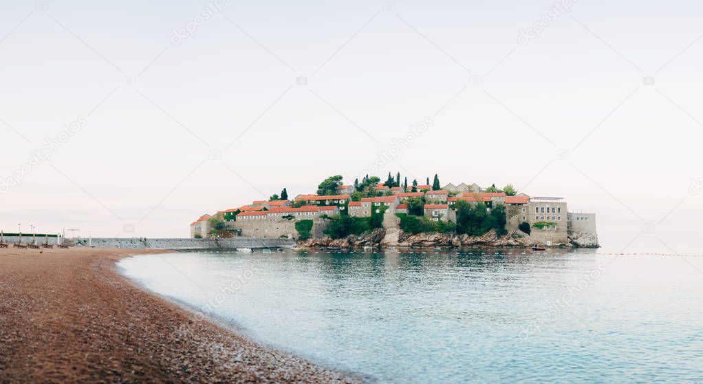 Island of Sveti Stefan, close-up of the island in the afternoon.
