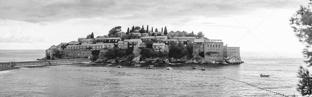 Island of Sveti Stefan, black and white photo. Montenegro, the A