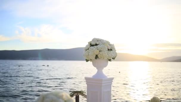 Hydrangea blommor i kruka. Bröllop dekorationer i Montenegro — Stockvideo
