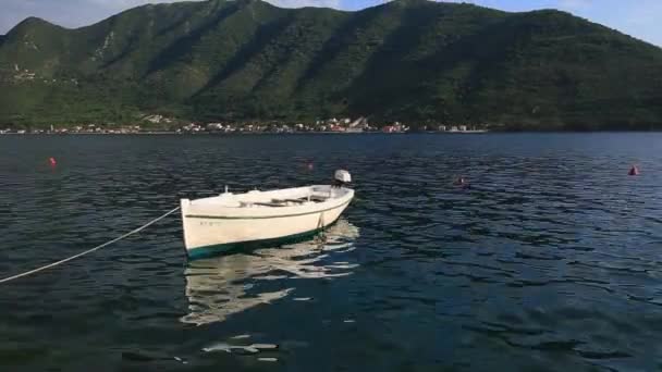 Ξύλινες βάρκες στο νερό. Στον κόλπο του Κότορ στο Μαυροβούνιο. MA — Αρχείο Βίντεο