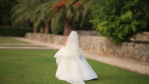 The bride runs along the grass in Milocer Park, in Montenegro, n — Stock Video